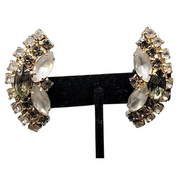 Elsa Schiaparelli Clip On Earrings Vtg 1950s Smokey Quartz Frosty Glass Unsigned - Picture 2 of 12